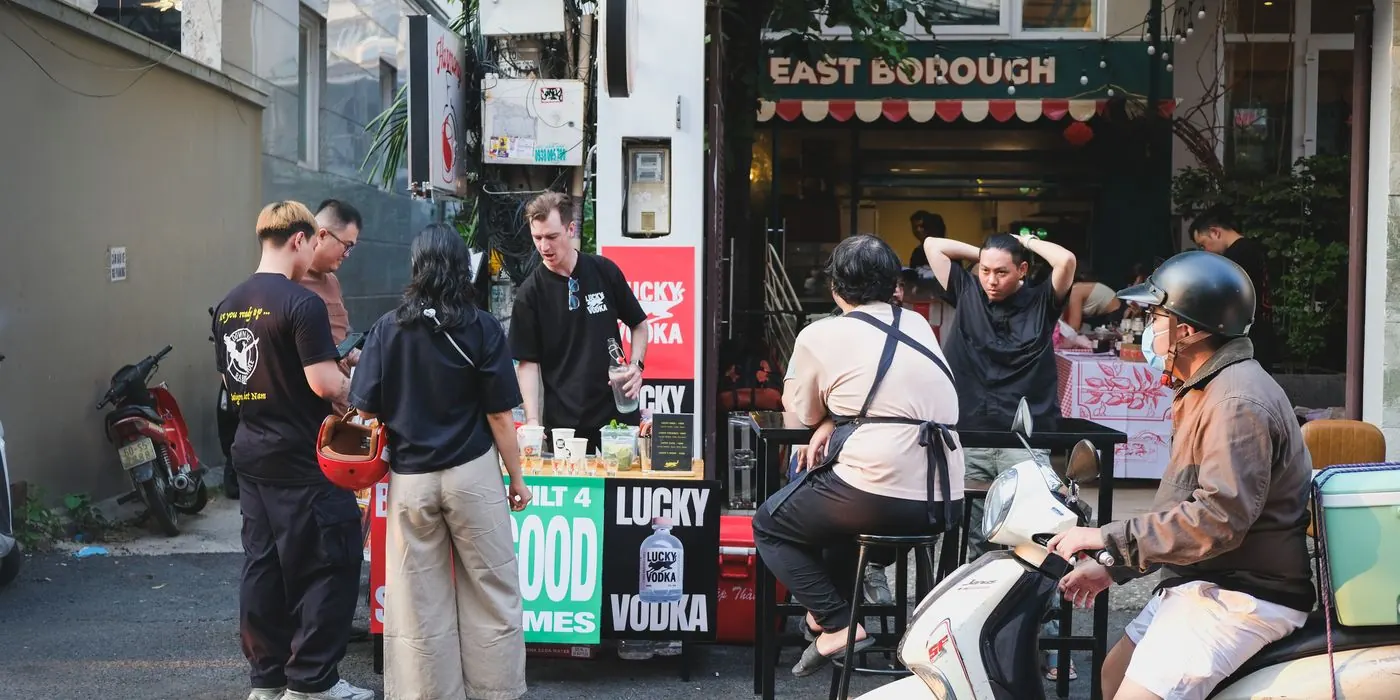 The Lucky Vodka stall on a Sài Gòn street